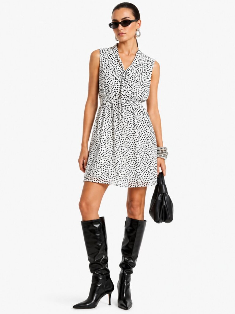 Betsey Johnson Polka Dot Dress Black White Tie Neck Luxe Avant Garde 4